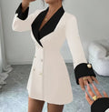 Women's French-Inspired Elegant Double-Breasted Front-Button Short Dress with Long Sleeves
