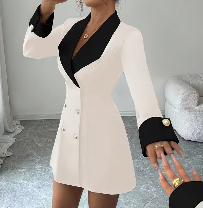 Women's French-Inspired Elegant Double-Breasted Front-Button Short Dress with Long Sleeves