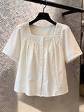 Women's Summer Square Neck Short Sleeve Loose Fit Casual Top