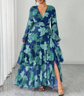 Women's Plus Size Floral Print Maxi Dress with Ruffled Hem, V-Neck, Waist-Cinching A-Line Long Dress