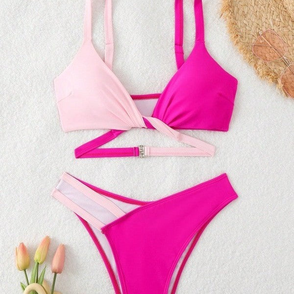 New Color-Block Double Shoulder Strap Deep V-Neck Split Bikini Swimsuit