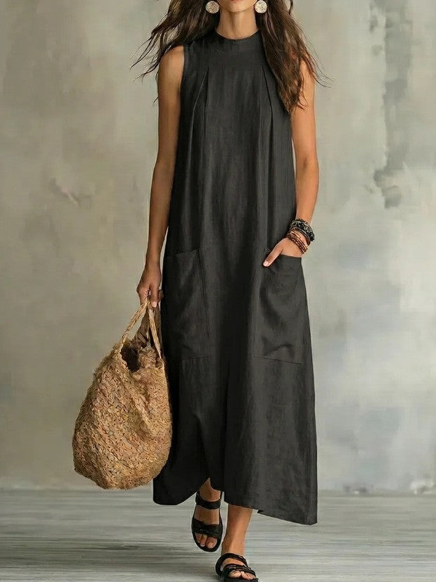 New Elegant Round-Neck Sleeveless Pocket Solid Color Dress for Women