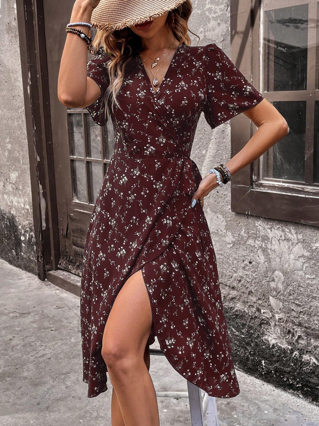 Women's V-Neck French Print Ruffled Lace-Up Midi Dress Elegant Long Sleeve Casual Fashion Dress
