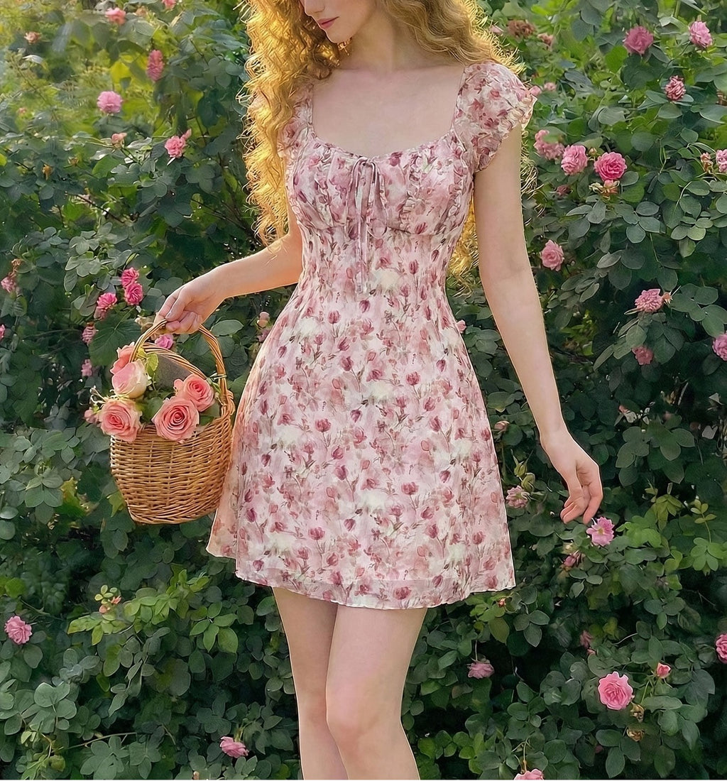 Women’s Sweet Floral Print Puff Sleeve A-Line Mini Dress with Fitted Waist Short Skirt