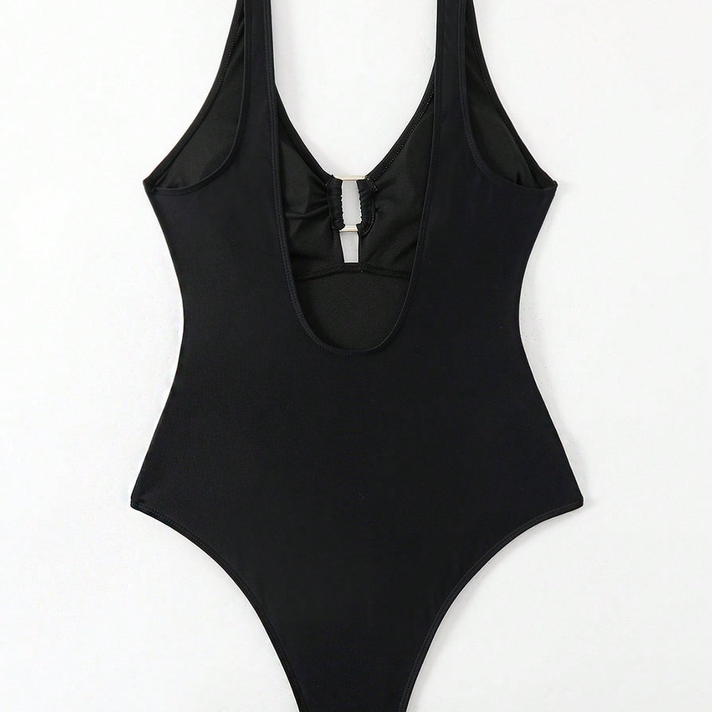 Solid Color Chest Gathered Ring One-Piece Bikini Swimsuit