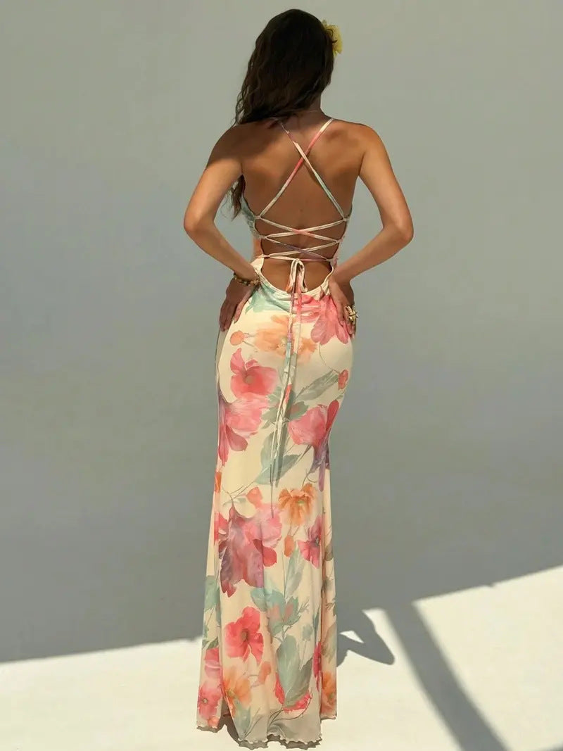 Women's Halter Vacation Dress – Printed Backless Tie-Up Cross-Strap Beach Maxi Dress, Lightweight Summer Holiday Outfit
