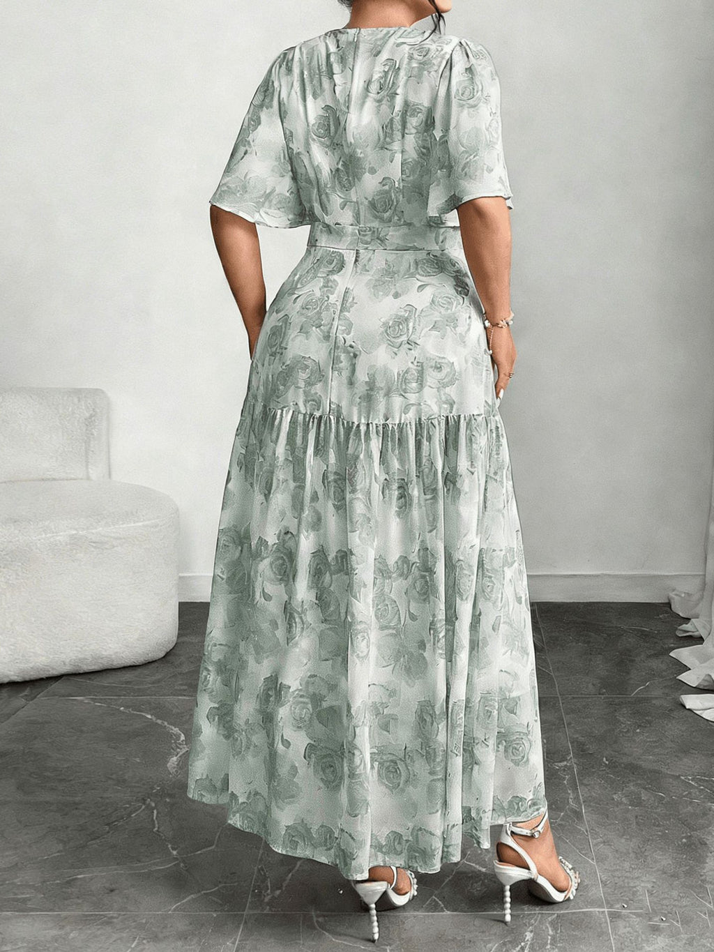 Women's Plus Size Fashion Printed Pleated Long Dress, Elegant Round Neck Casual Maxi Dress, Comfortable Everyday Wear