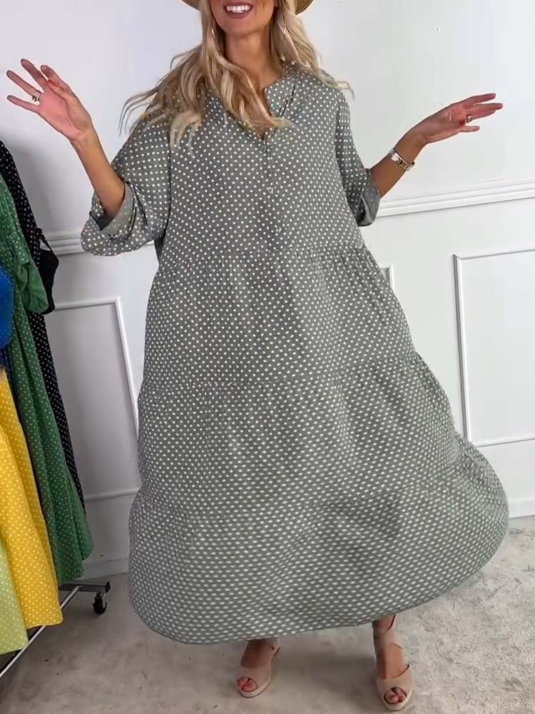 Women's Summer Printed Stand-Up Collar Polka Dot Button Loose Dress