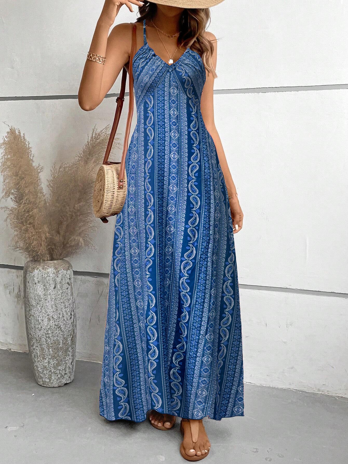 Women's Printed Strap Maxi Dress Casual Sleeveless Summer Long Dress