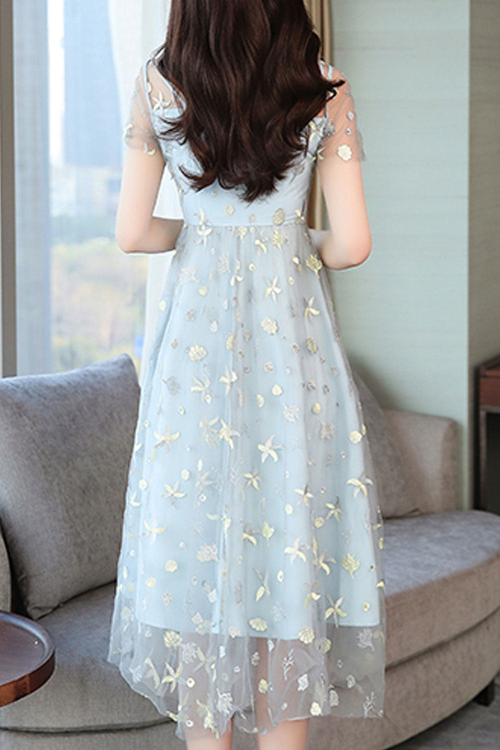Women Splendid Sequin decorated Short Sleeve Round Neck Amazing A-Line Evening Party Skirt Dress