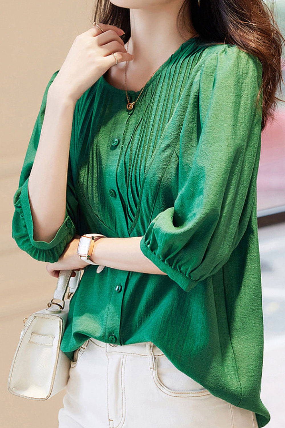 Women Puff Sleeves Spring And Summer New Round Neck Pleated Blouse
