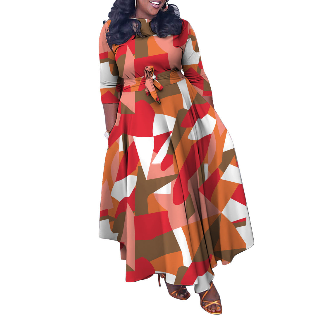 Women’s Autumn/Winter Elegant African Print Long Dress – Plus Size, Tie-Waist, Fashionable Foreign Trade Maxi Dress