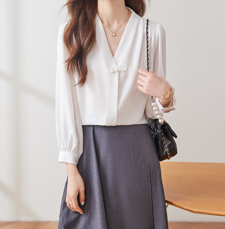 Women's Spring Elegant V-Neck Long Sleeve Blouse - Lightweight Casual Office Shirt