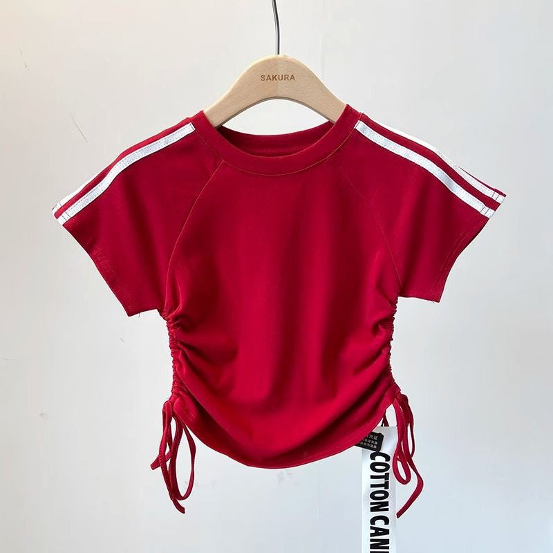 Girls' Summer Striped Short-Sleeve T-Shirt with Drawstring - RAC26JP5503BATT