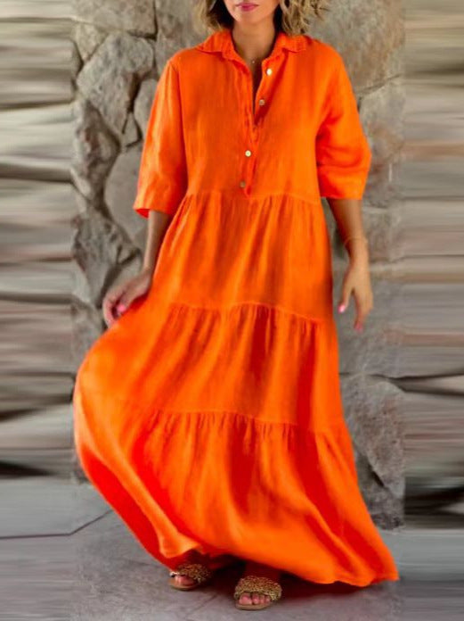 Women’s Solid Color Lapel Long Sleeve Button-Front Loose Fit Dress