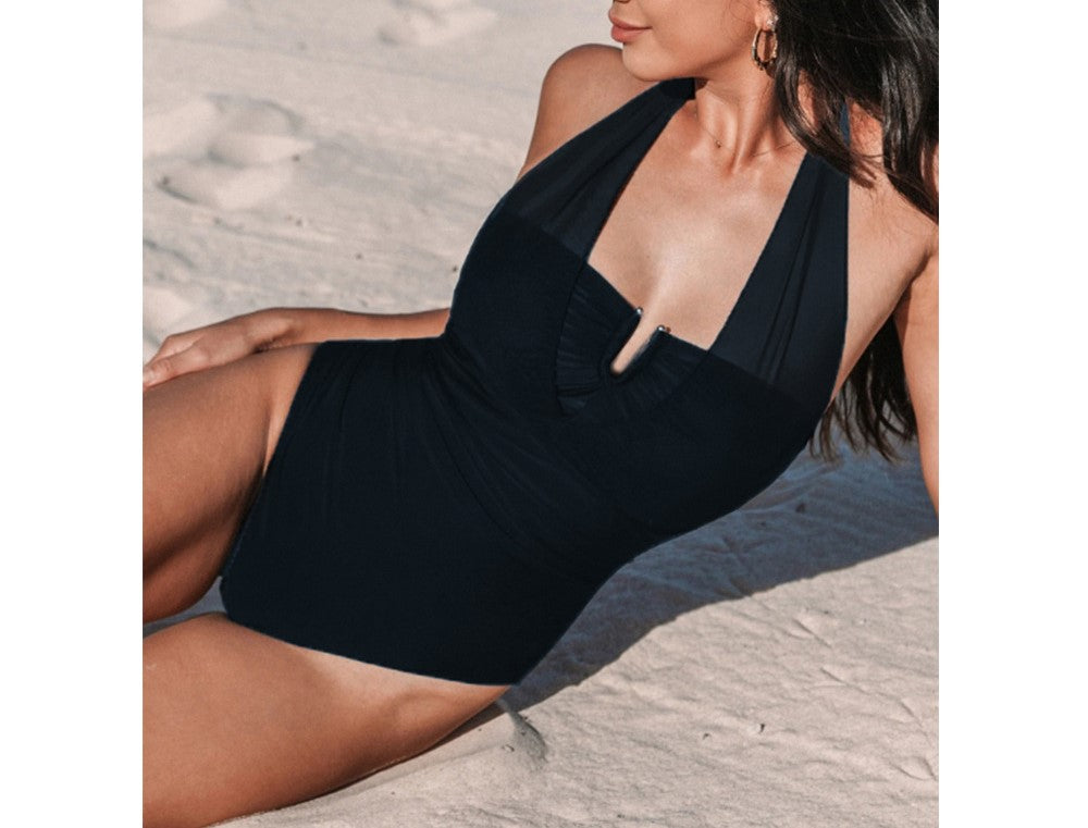 Fashion Solid Color Mesh Stitching Halter Strap Drawstring One-Piece Women's Swimsuit