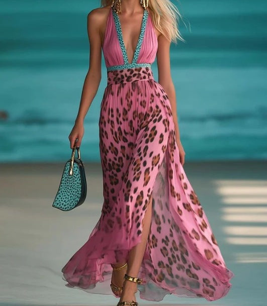 Women's Printed Deep V Sleeveless Leopard Print Side Slit Maxi Dress