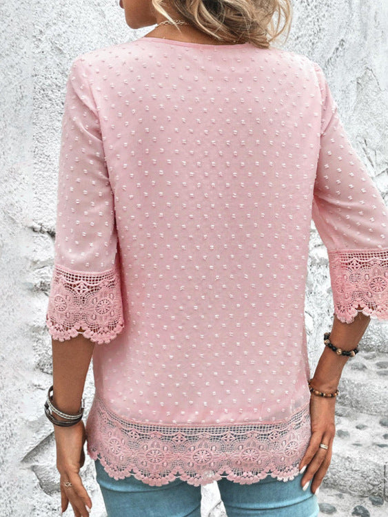 Summer Style Elegant V Neck Three-Quarter Sleeve Cut-Out Lace Detail Top for Women