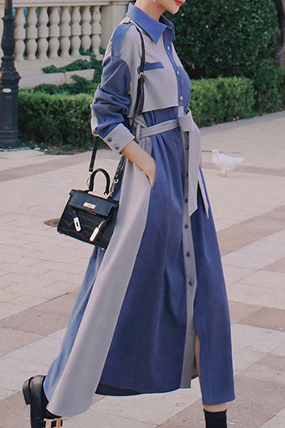 Women Elegant Lapel Neck Button Lace Up Long Sleeve Shirts Dress