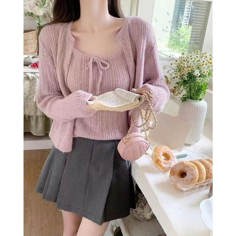 Women's Small Short Knitted Sweater Two-Piece Set - Camisole & Cardigan