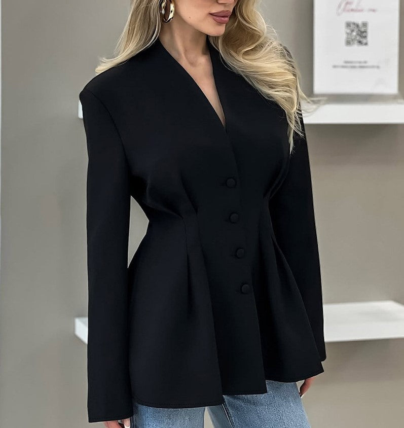 Autumn Women's Elegant V-Neck Slim Waist Tailored Blazer Jacket