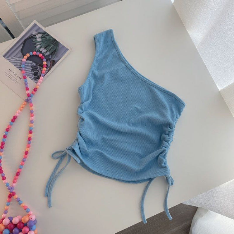 Girls Summer Vest Sling Top – Fashion Drawstring Irregular One-Shoulder Short Top for Kids - RAC26JP5500BATT