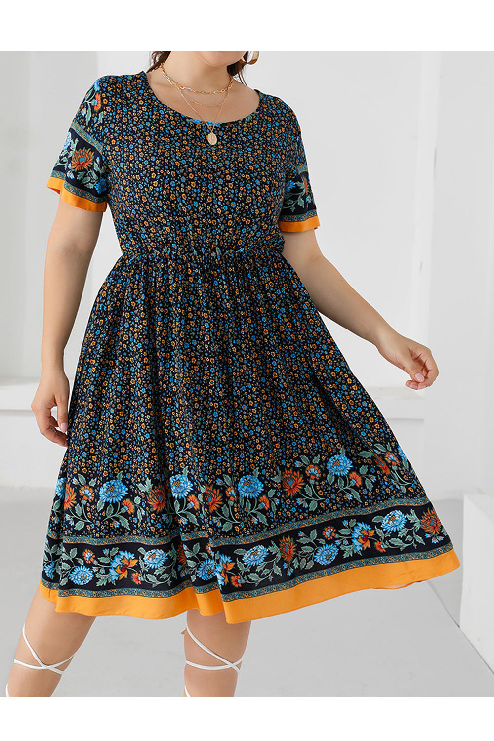 Women Plus Soft & Thin Short Sleeve Easy Round Neck Superb Floral Pattern Mid Length Comfy Summer Dress