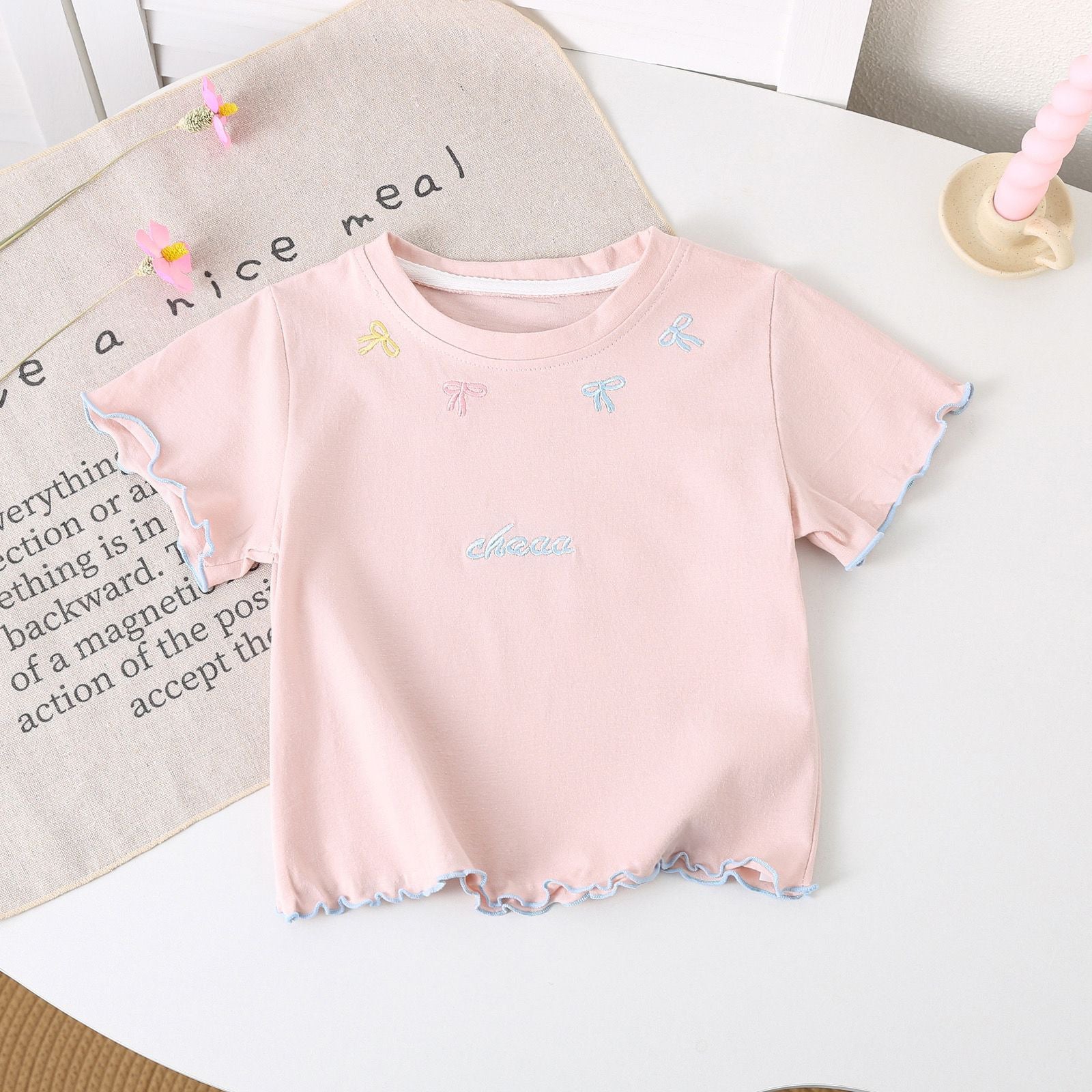 Girls’ Summer Short-Sleeve T-Shirt – Ruffled Edge Bow Letter Embroidery Top - RAC26JP5496BATT
