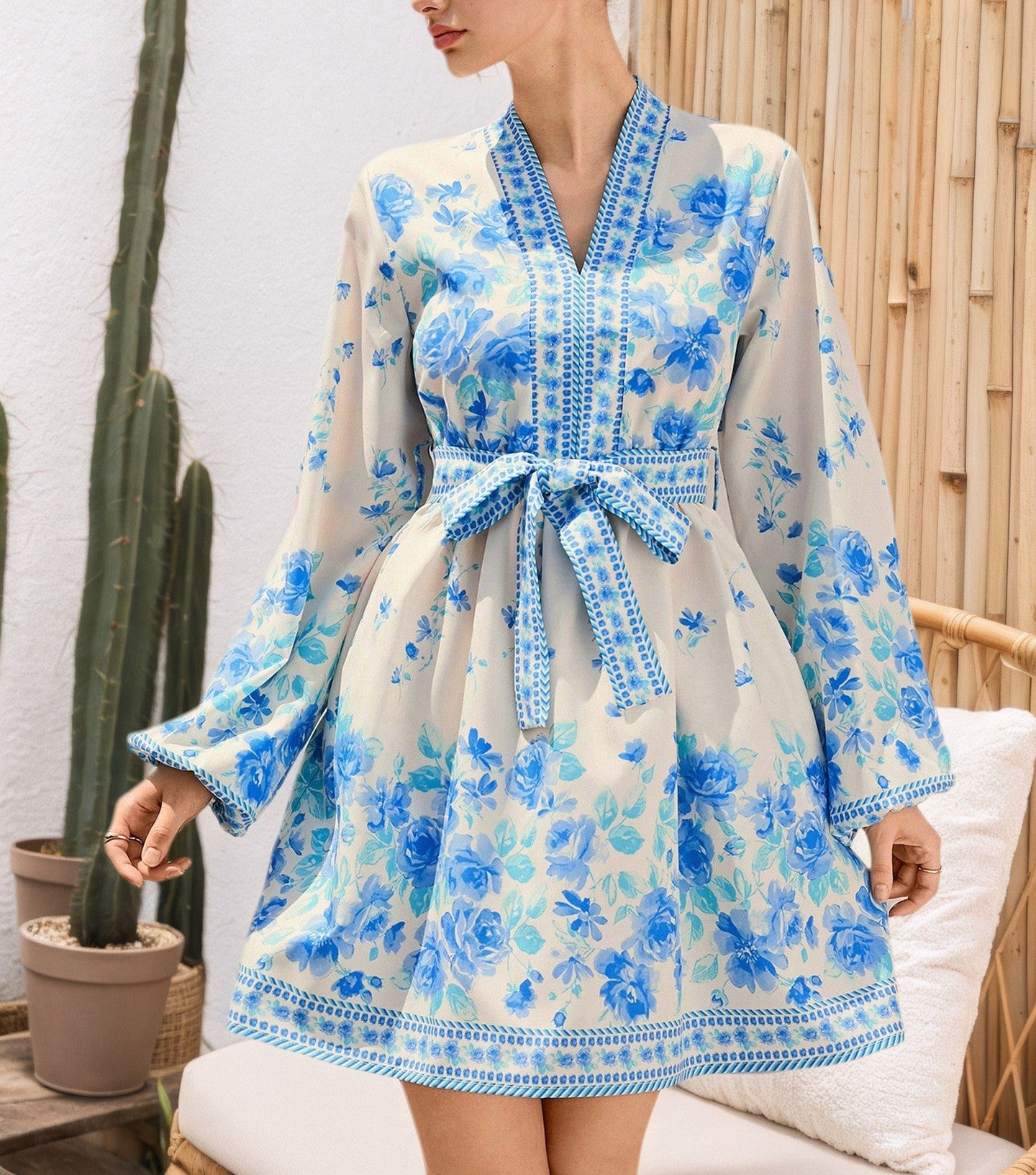 Women's Printed V-Neck Floral Long Sleeve Belted Lantern Sleeve Maxi Dress