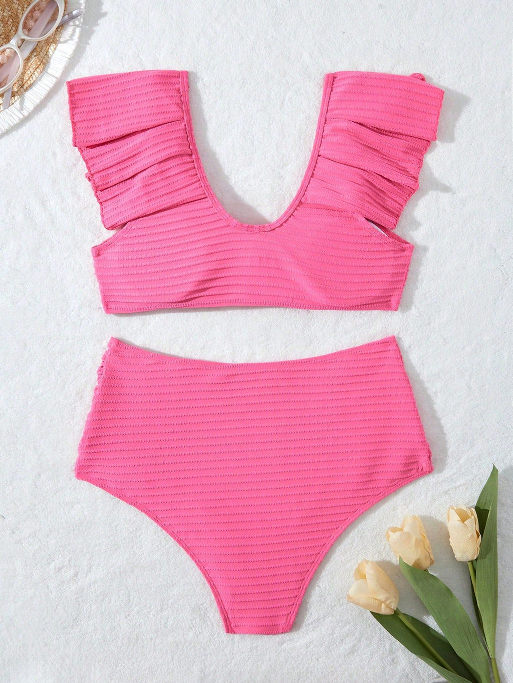 New Solid Color Bow Flying Edge Pleated High-Waist Split Bikini Swimsuit