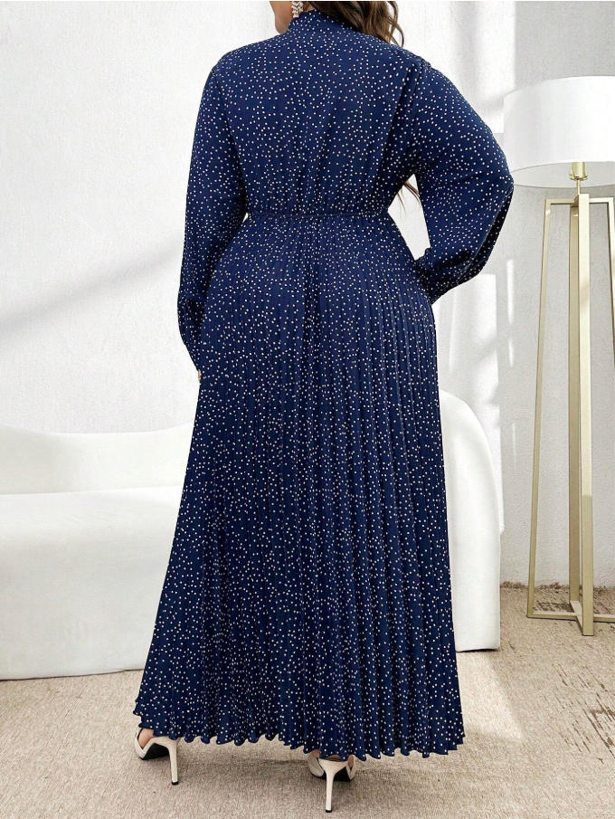 Women's Elegant Pleated Polka Dot Tie-Up Long Dress – Waist-Cinching Maxi Dress with Long Sleeves