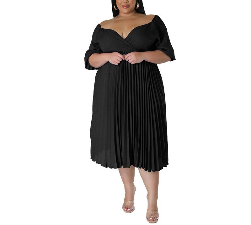 Women's Plus Size V-Neck Pleated Hem Short Sleeve Dress – Elegant Casual Flowy Midi Dress