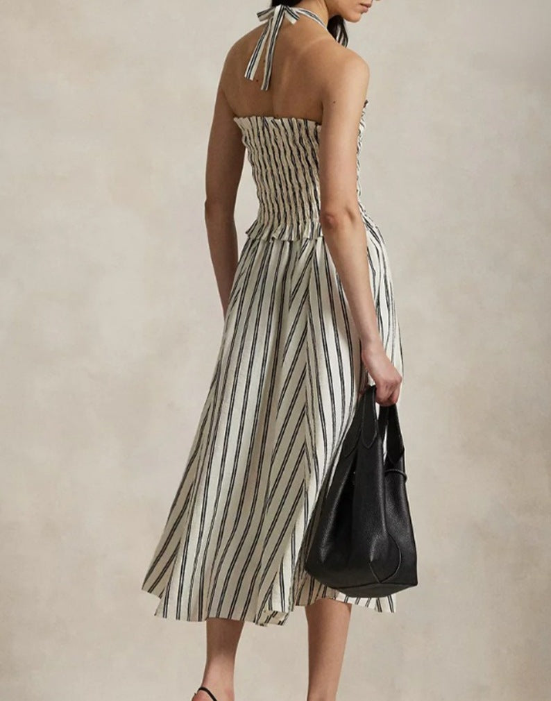 Women's Striped Off-Shoulder Halterneck Sleeveless Waist-Defined Dress