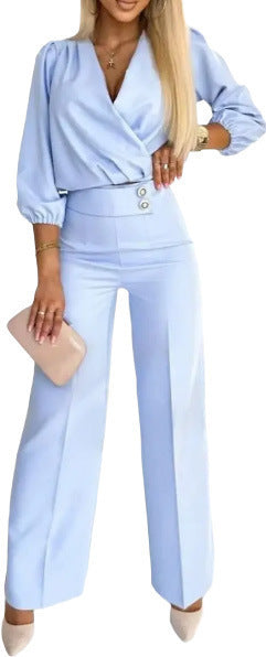 Women's Solid Color V-Neck Two-Button 2-Piece Pants Suit