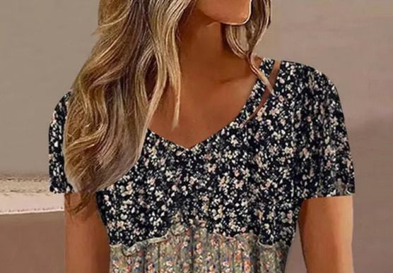 Summer New Printed V Neck Short-Sleeved Color Matching Versatile Fashion T-Shirt Top for Women