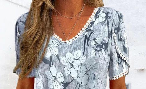 Summer Printed V-Neck Lace Detail Short Sleeve Casual Women's Top