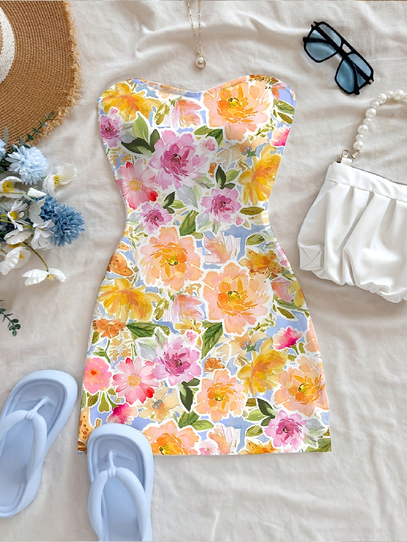 Women's Floral Print Elegant Waist-Defined French Inspired Midi Dress with Soft Flowing Silhouette