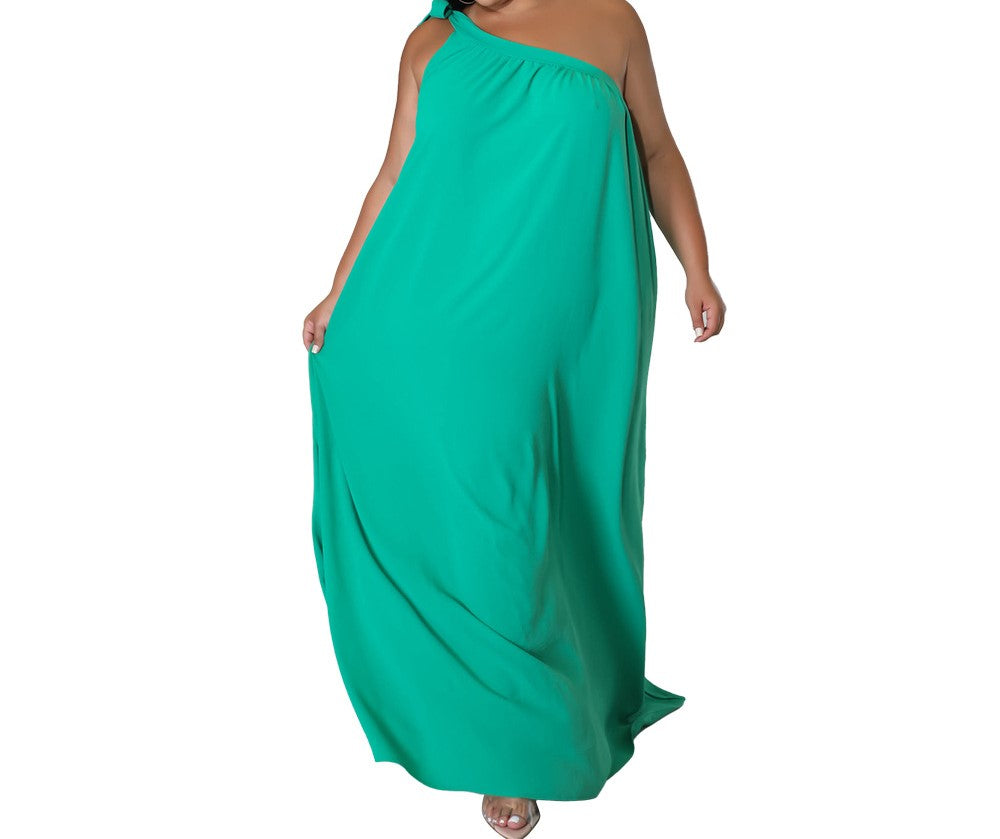 Summer Plus Size One-Shoulder Halter Neck Backless Maxi Dress – Sleeveless Solid Color Long Skirt