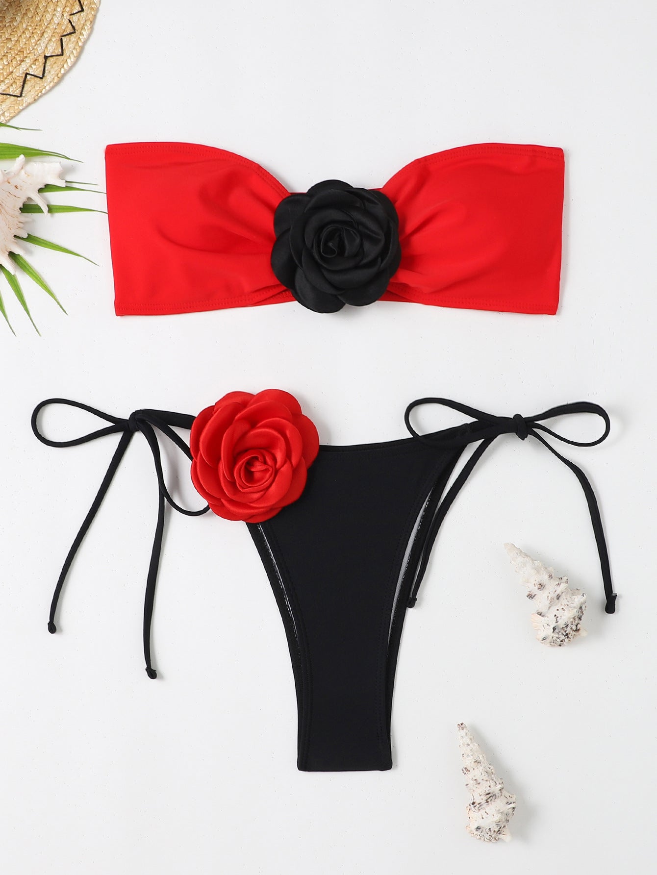 Style Swimsuit for Women - Color Block 3D Floral Strapless Bikini Two-Piece Beach Set