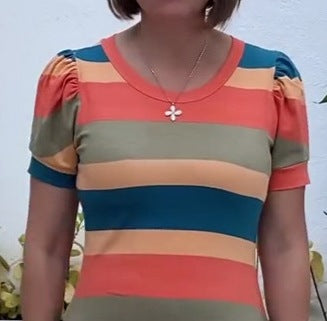 Women's Printed Round Neck Short Sleeve Contrast Color Casual Dress