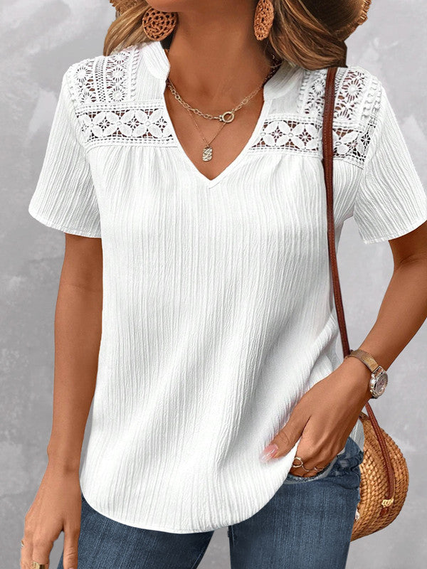 Women's Summer Lace Patchwork V-Neck Hollow-Out Short Sleeve Blouse – Lightweight Casual Elegant Top