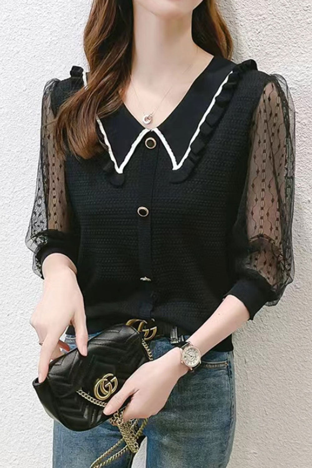 Women's Lapel Doll Collar ThreeQuarter Sleeve Top