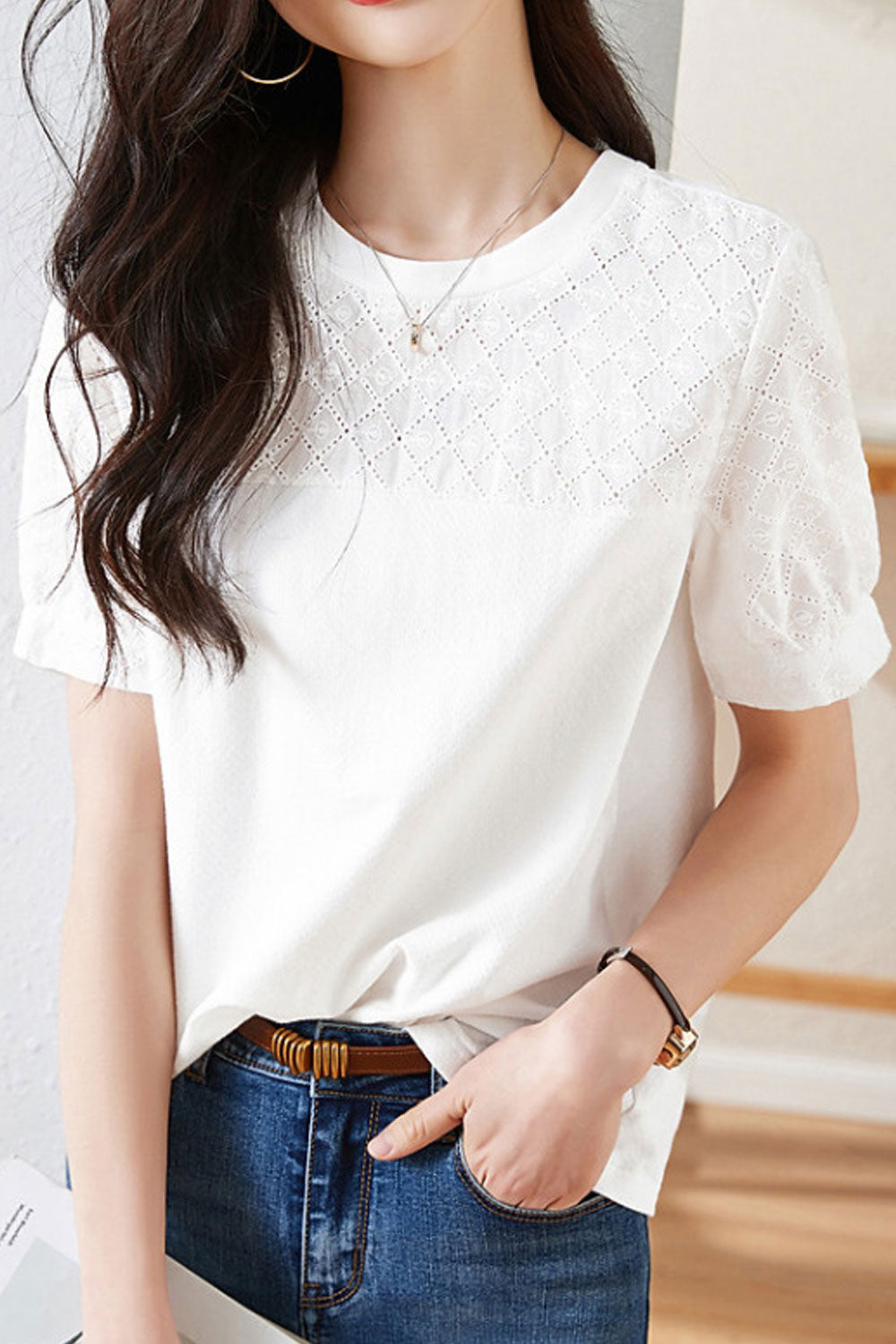 Women Cotton Embroidery Stitching Summer New Solid Color Short Sleeves Blouse