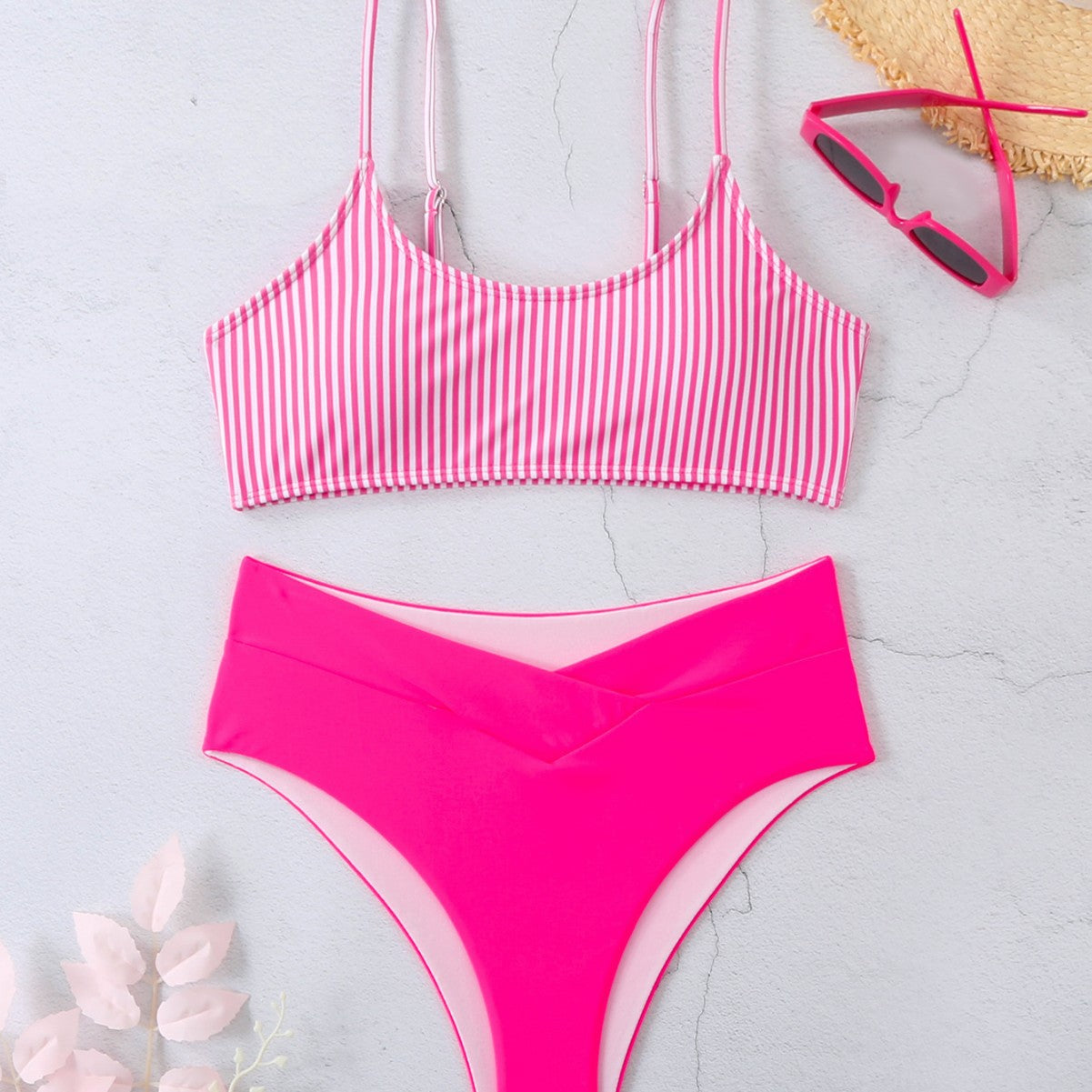 New Striped Shoulder Strap High-Waist Open-Back Bikini Split Swimsuit for Women
