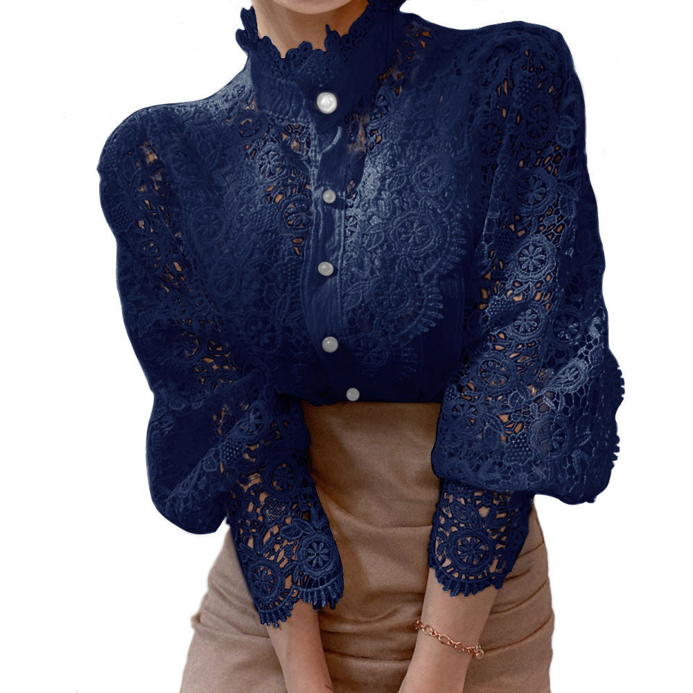 Women's Solid Color Hollow-Out Lace Stand Collar Pearl Button Long Sleeve Shirt Top