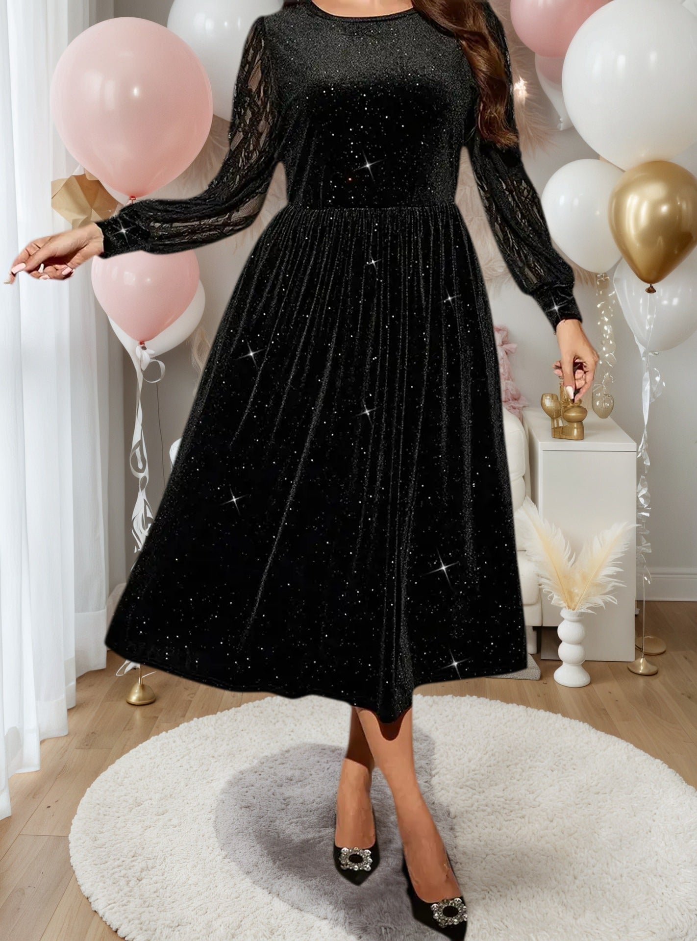 Plus Size Women's Long Sleeve Lace Spliced Midi Dress Elegant Round Neck Casual Party Dress