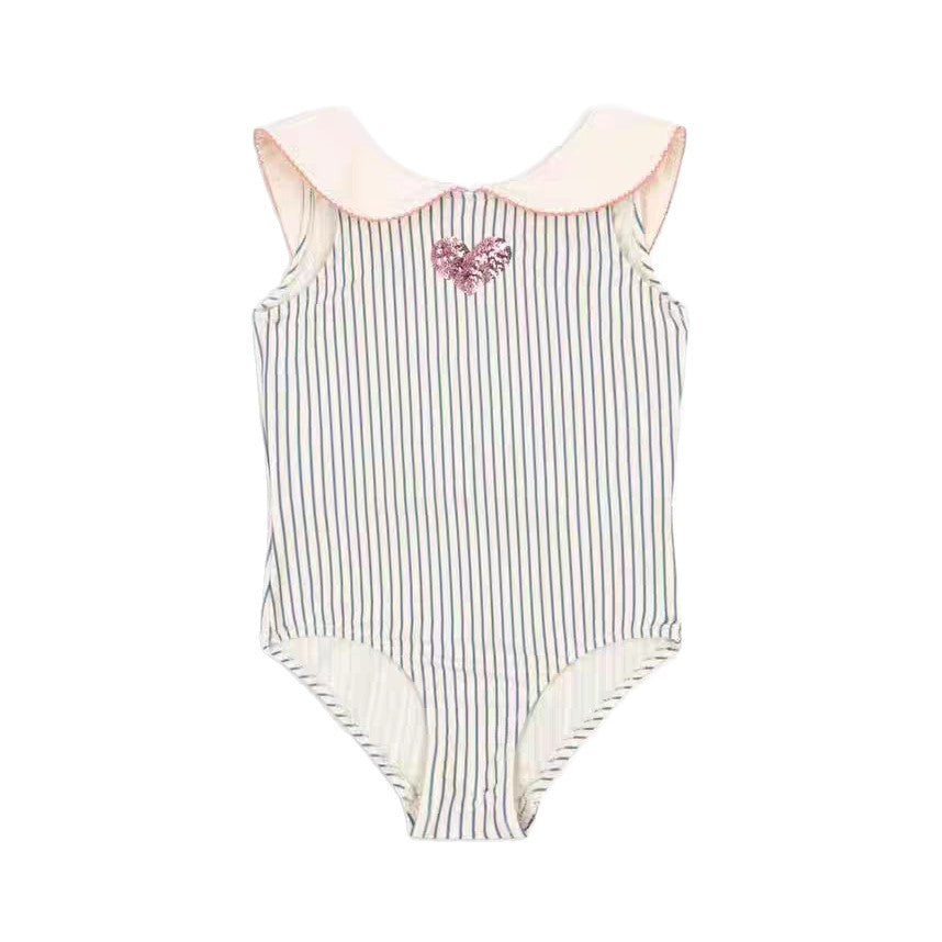 Summer Baby Girls’ Striped Heart Doll Collar One-Piece Swimwear Set - RAC26JP5463BATSW