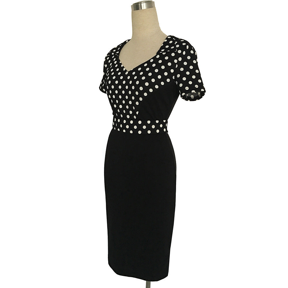 Women V Neck Short Sleeve Polka Dot Pencil Dress
