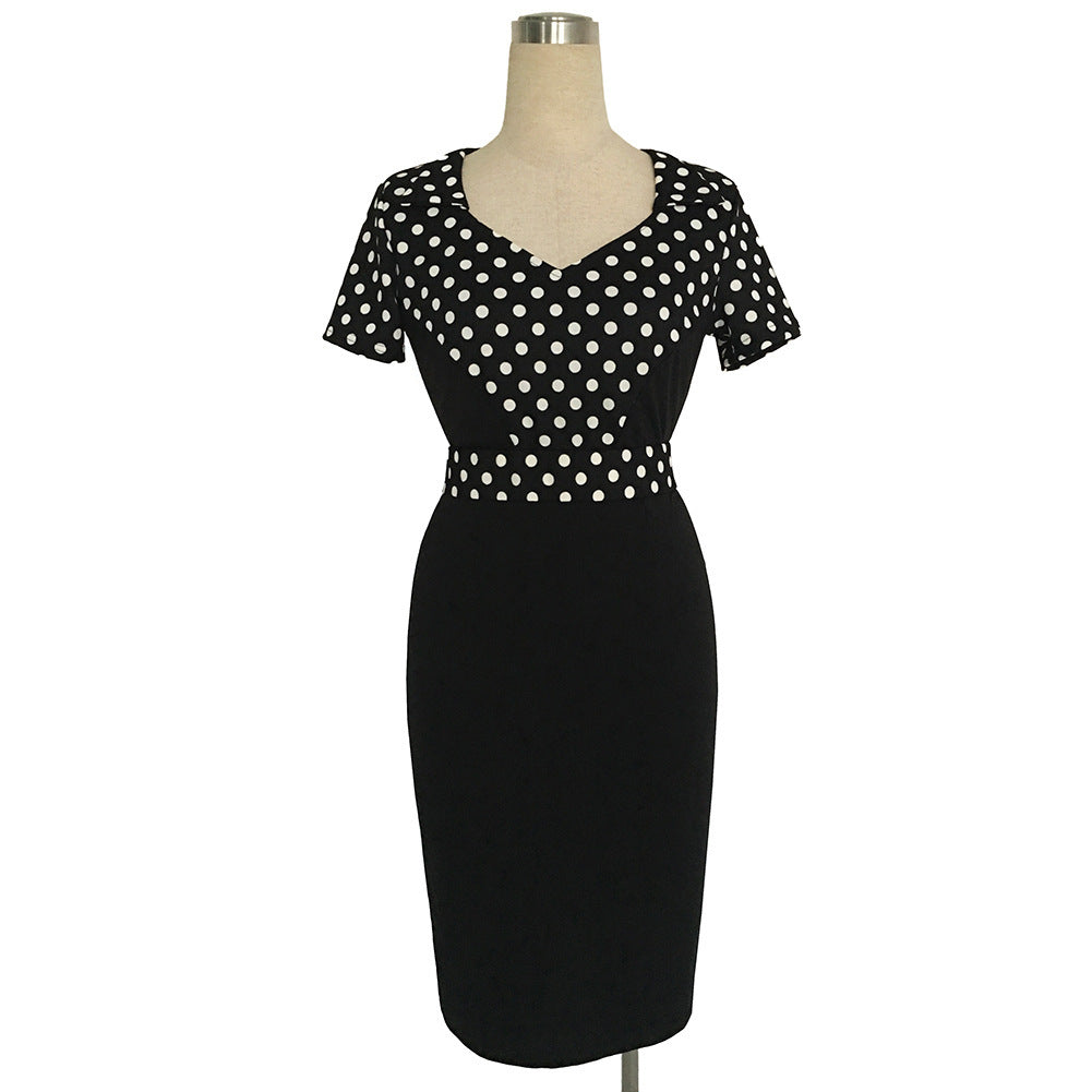 Women V Neck Short Sleeve Polka Dot Pencil Dress