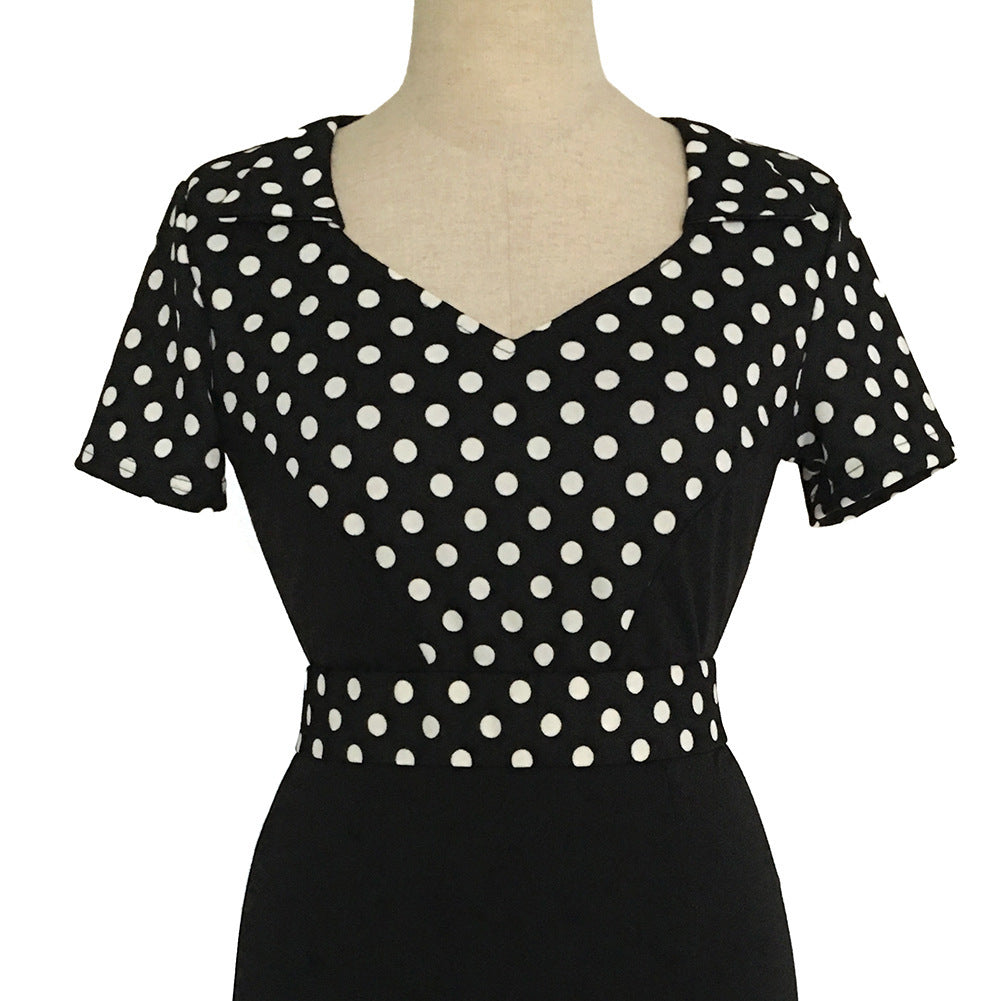 Women V Neck Short Sleeve Polka Dot Pencil Dress